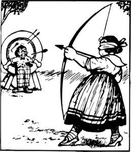 Blindfolded woman shooting arrows past a nervous man